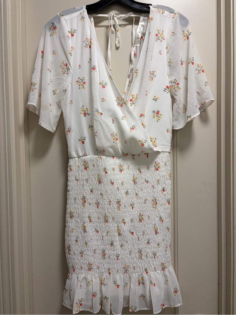 Row A Womens Smocked Bridal V Neck Ruffle Mini Dress | M | White Floral